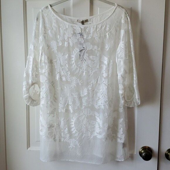 NWT JOAN VASS WHITE LACE TOP SIZE MEDIUM LONG LINE TUNIC COQUETTE GIRLY FEMININE - Picture 1 of 10